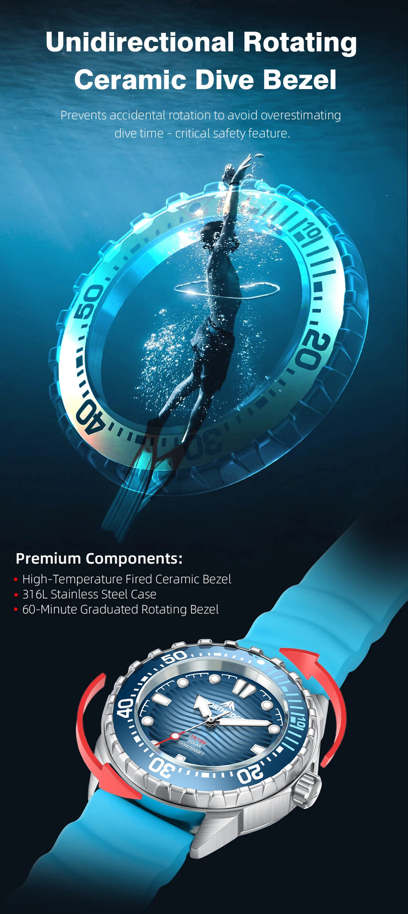 Relógio Masculino Triton Solar à Prova d’Água 300m – Estilo e Resistência